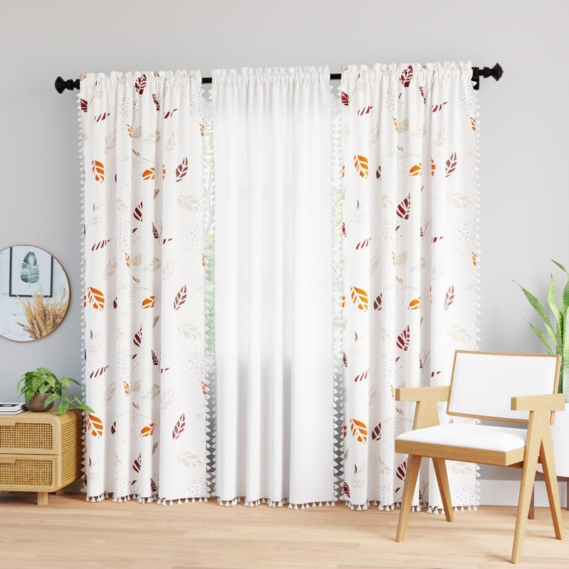 Encasa XO Boho Semi Sheer Curtains for Door in Bedroom & Living Room (Set of 3)- Boho Leaves Combo - Curtain with Tassels & Bohemian Design - 7 ft-image-15