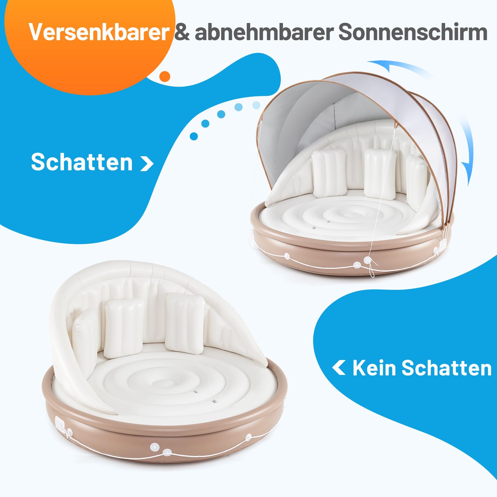 COSTWAY Aufblasbare Badeinsel mit einziehbarem Dach, Schwimminsel mit 3 bequemen Kissen, SPF 50+, Schwimmliege bis 180 kg belastbar, aufblasbare Lounge für 2 Erwachsene