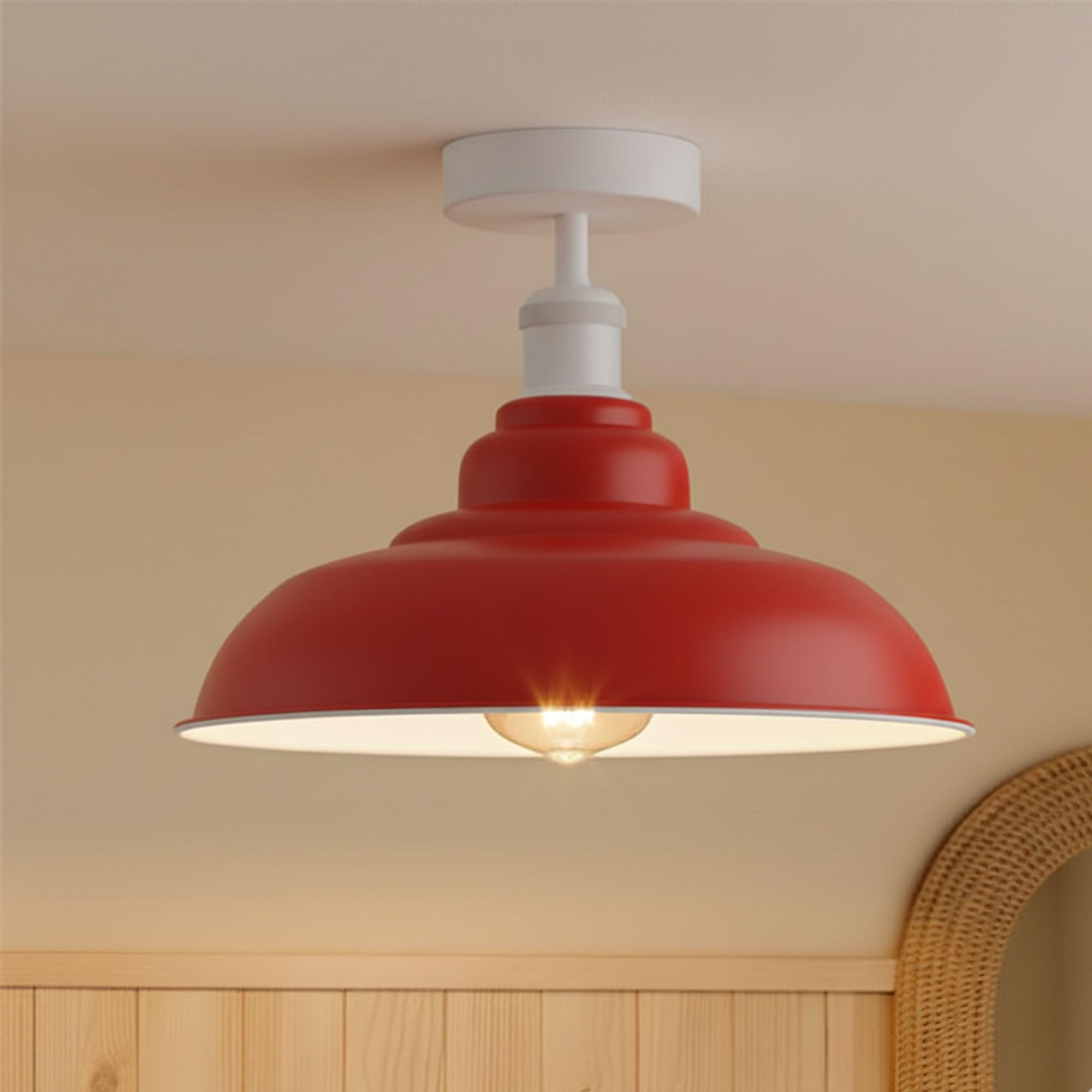 Dc Voltage Red Vintage Flush Mount Ceiling Lighting E27 Holder With 32Cm Ceiling Lampshade Easy Fit Metal Semi Flush Light Fitting For Kitchen Bedroom Livingroom (Red)