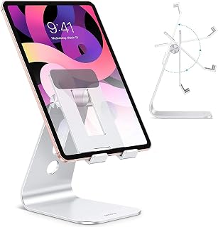 OMOTON T2 Adjustable Tablet Stand for iPad Pro/Air/Mini - Longer Arms, Hollow Design, Aluminum Desk Holder, Silver