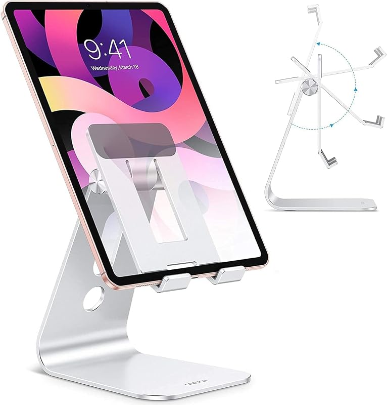OMOTON T2 Tablet Stand for Desk, Aluminum Holder for iPad Pro/Air, Silver | Adjustable View Angle, Hollow Design Cooling, Anti-Slip Silicone Pads, Mount for 4.7-12.9" Devices, Home Office Kitchen Use
