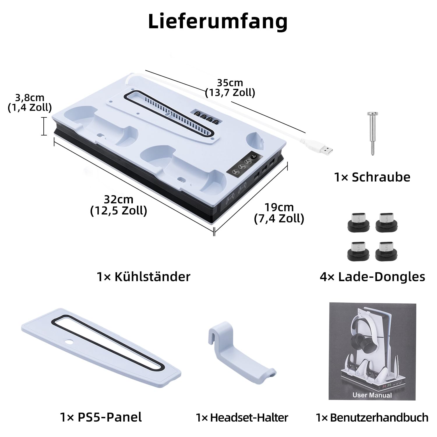 Mcbazel PS5 Pro/ PS5/ PS5 Slim Ladestation Ständer mit 3 Stufig Lüfter und Licht, PS5 Ständer Controller Ladestation LED Standfuß mit Magnet für PS5 Pro/PS5 /PS5 Slim UHD/Digital Edition - Weiß