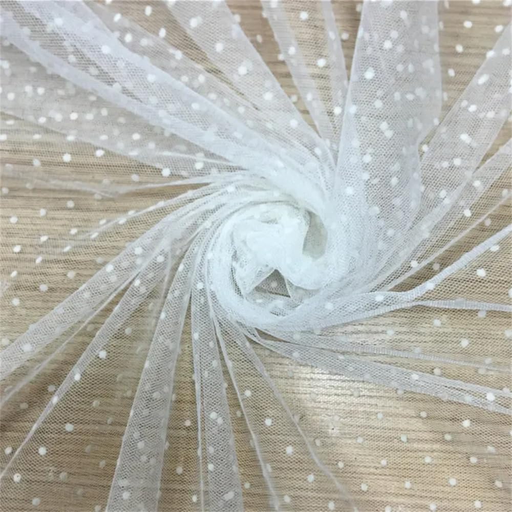 59 Inch White Polka Dot Tulle Spotted Mesh Soft Stretch Fabric Suitable for DIY Handmade Doll Butterfly Wedding Veil Costume Dress Craft Sewing (White-2, 1 Yard)