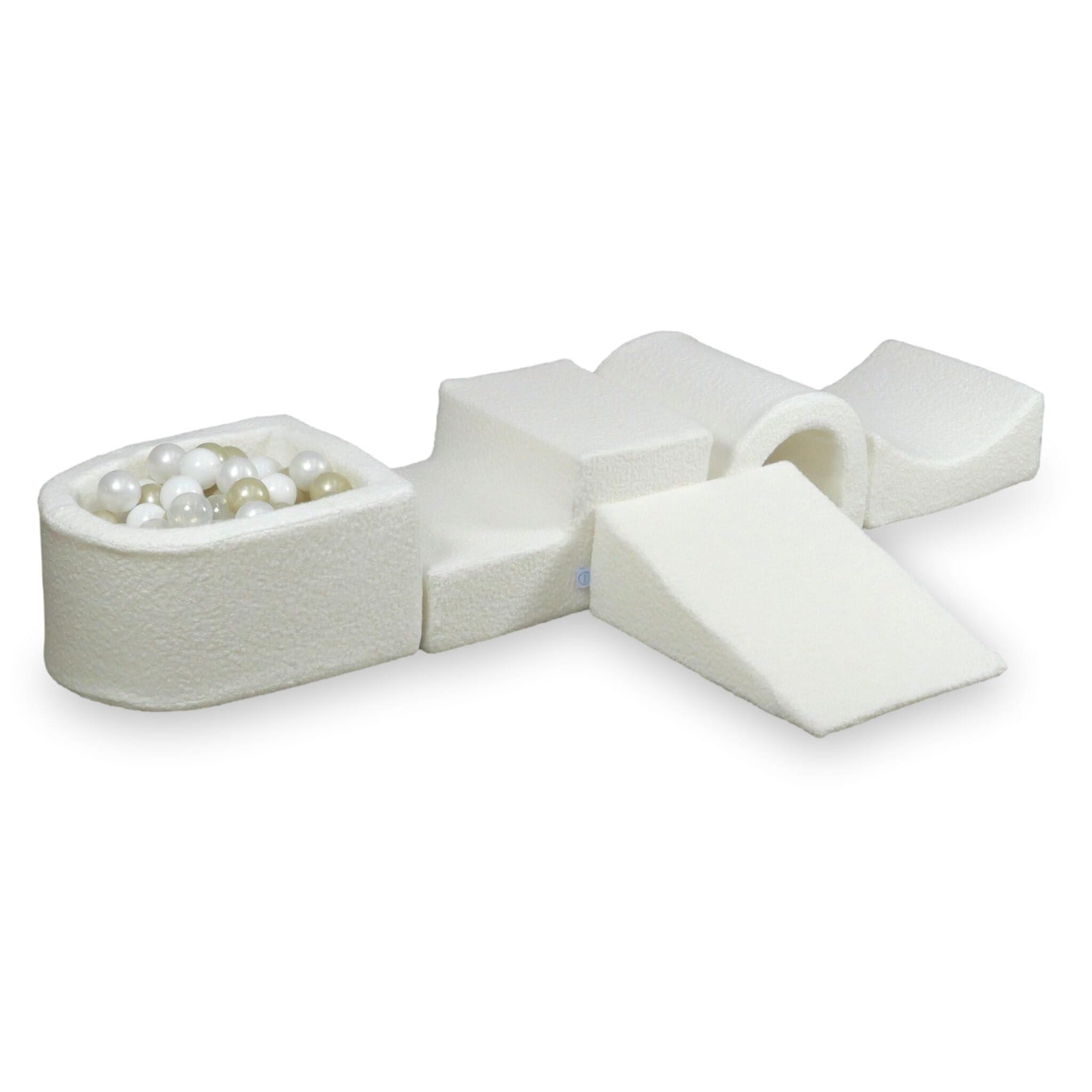 Mimii Parco giochi in schiuma con ponte e piscina con palline Bouclé, bianco, giocattolo da arrampicata per bambini e neonati, 100 palline: trasparente/bianco/perla/oro chiaro