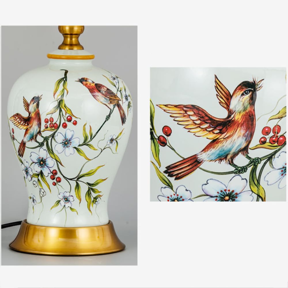 XINYASEE Lampade da tavolo in ceramica, lampada da tavolo per camera da letto con vaso a forma di uccello e fiore, lampada da comodino per soggiorno E27, paralume in tessuto (Bianco)