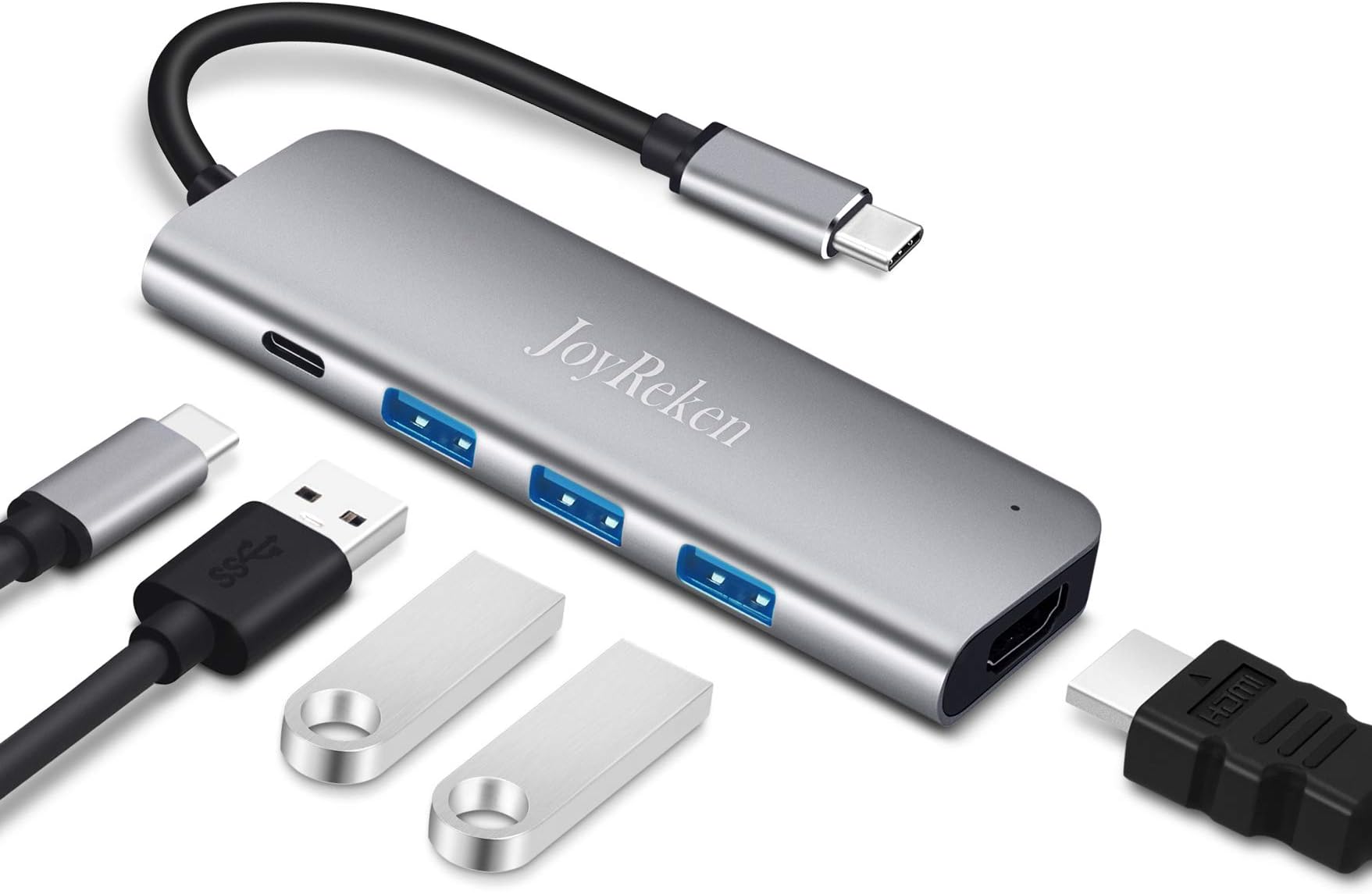 JoyReken USB C Hub HDMI, 5-in-1 Type C Hub with 4K USB C to HDMI, 3 USB 3.0 Ports and 60W Power Delivery, for MacBook Pro 2016/2017/2018, iPad Pro 2018, ChromeBook, XPS, and More