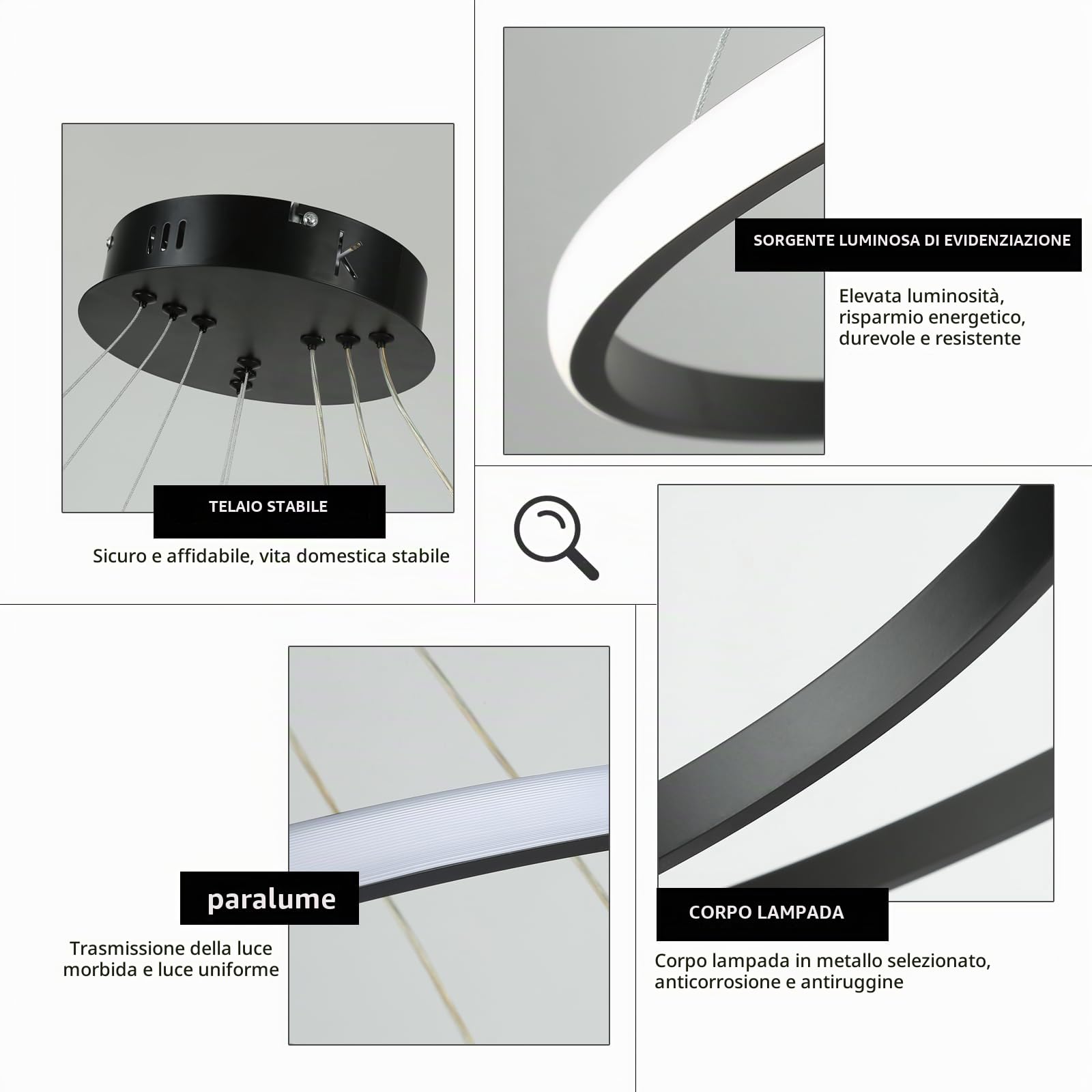 Lampadario a sospensione a LED, dimmerabile a 3 anelli, in acrilico, nero, regolabile, per cucina, isola, sala da pranzo, soggiorno, camera da letto, atrio, 40 + 60 + 80 cm