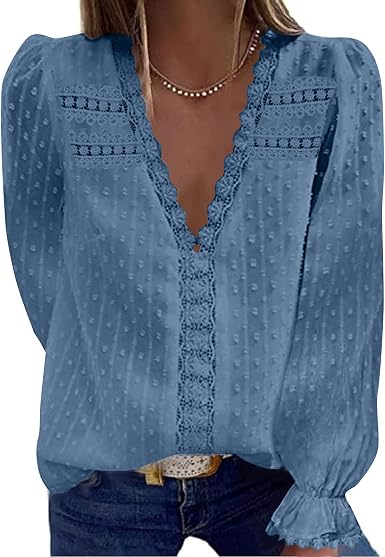 XOXSION Camiseta para mujer, moderna blusa de encaje con cuello en V, de  gasa, manga larga, holgada, informal, elegante y básica: Amazon.es: Ropa