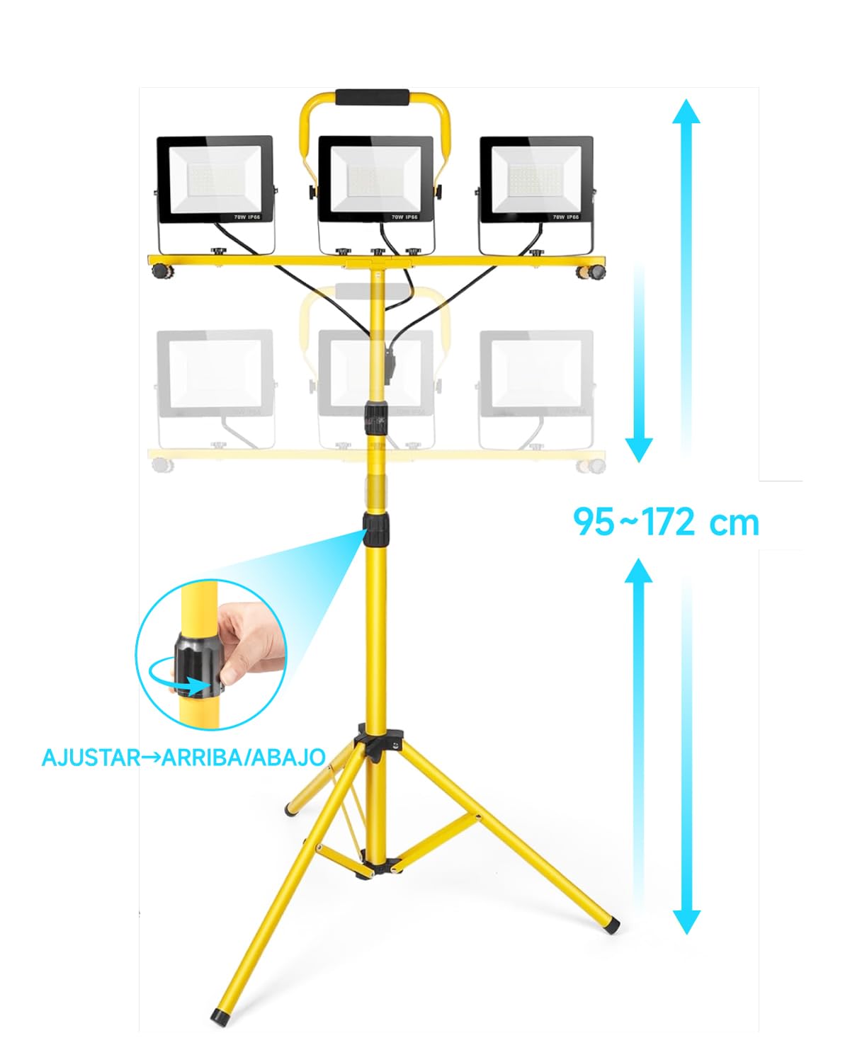 Foco de Trabajo LED 210W con Trípode, 20000LM, 3 Cabezas Giratorias, Cable de 5m, IP66 Impermeable, Luz de Trabajo Plegable para Exterior, Taller, Obra & Emergencias