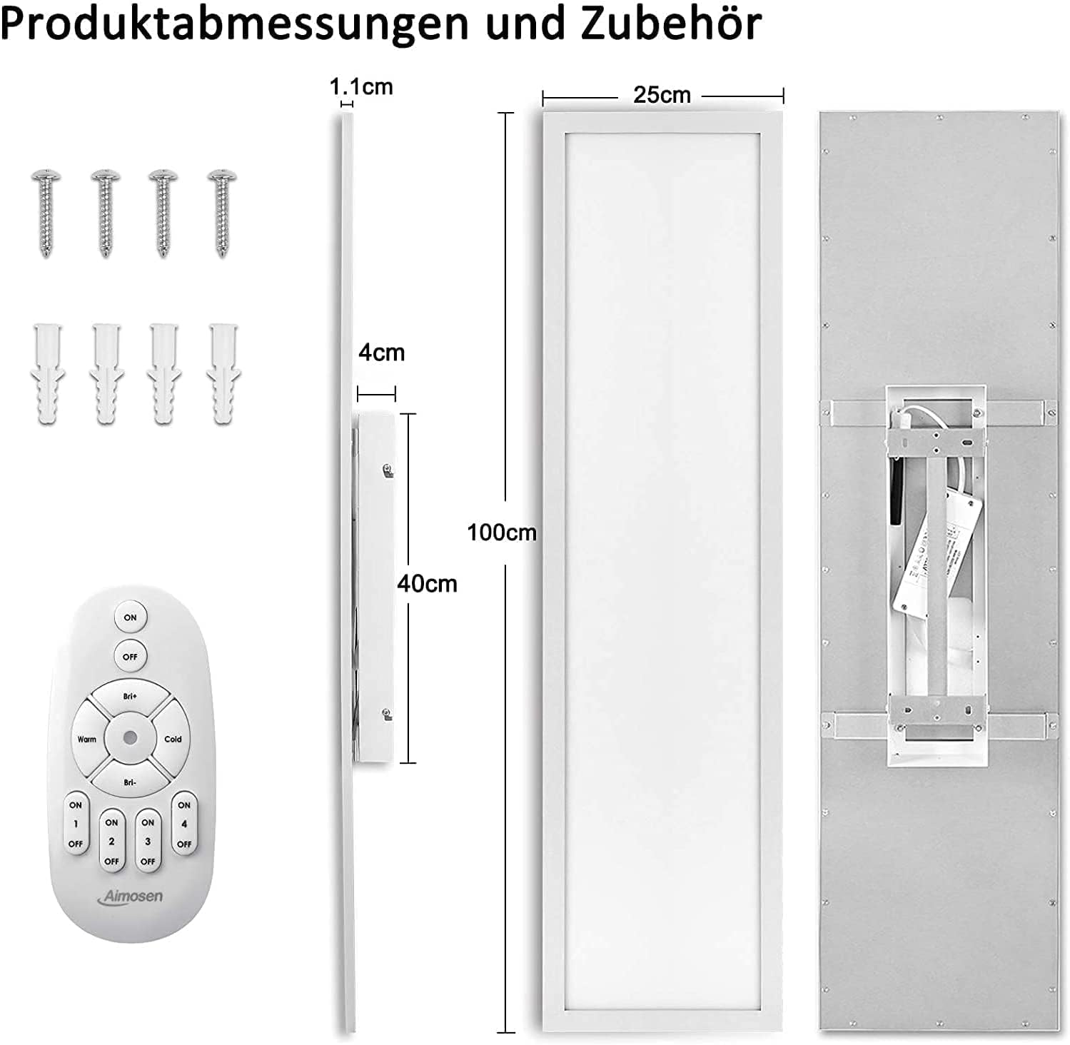Aimosen Panel LED de Techo Regulable de 100 x 25 cm con Mando a Distancia, 28W Panel Plano de Techo, 2700K - 6500K, Blanco Cálido, Natural y Frío, Lámpara Para Oficina, Taller o Salón