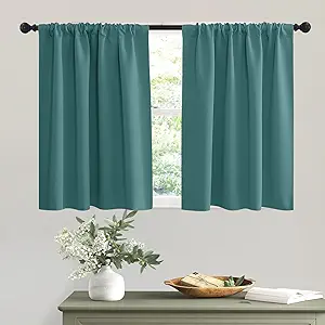 RYB HOME Kitchen Curtains Blackout - Half Window Curtains Thermal Insulated Blackout Privacy Drapes for Living Room Cafe Bedroom Basement, W 42 x L 36, Teal, 2 Panels