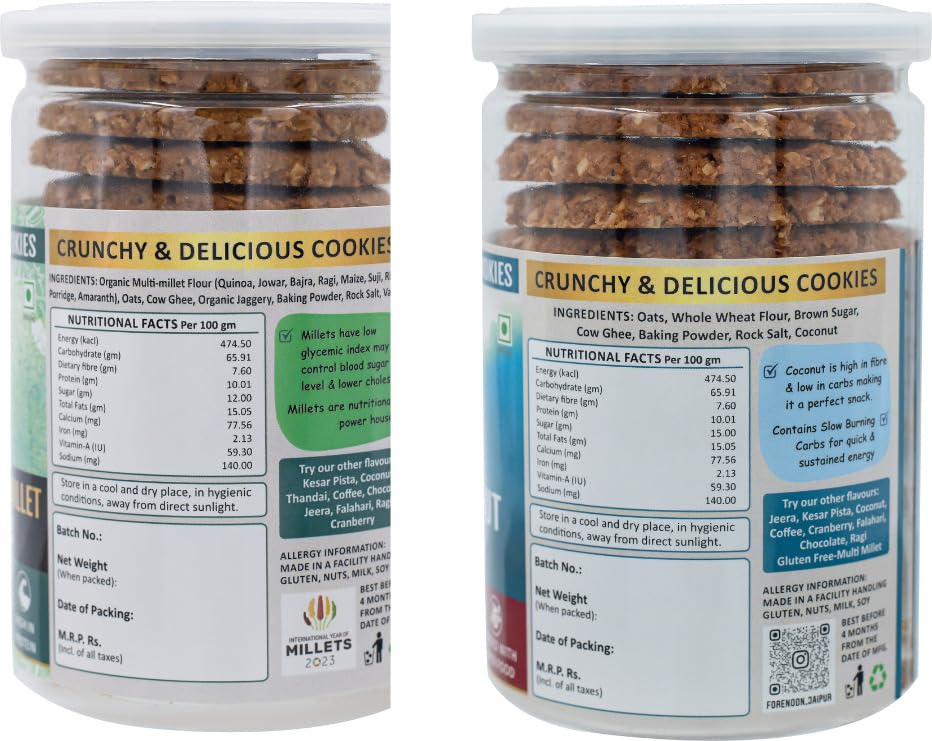 Fore Noon Coconut Oats & Gluten free Multi Millet Almond Jaggery Cookies (356 g, Pack of 2)