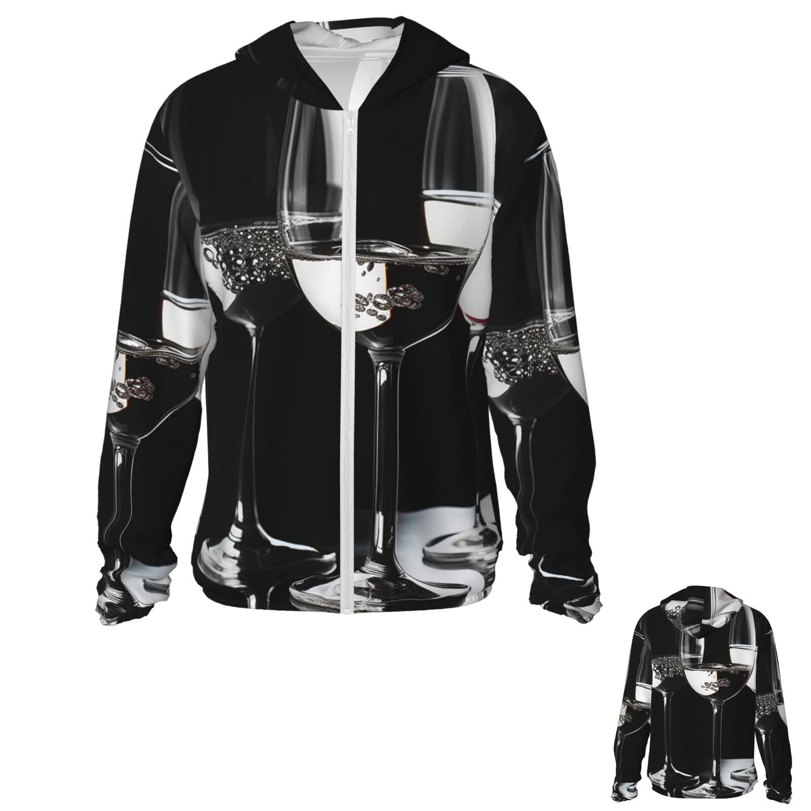 Men's Sun Protection Jacket UPF 50+ Full Zipper Long Sleeve UV Hoodie Shirt Wine Glasses Women's Outdoor Jacket