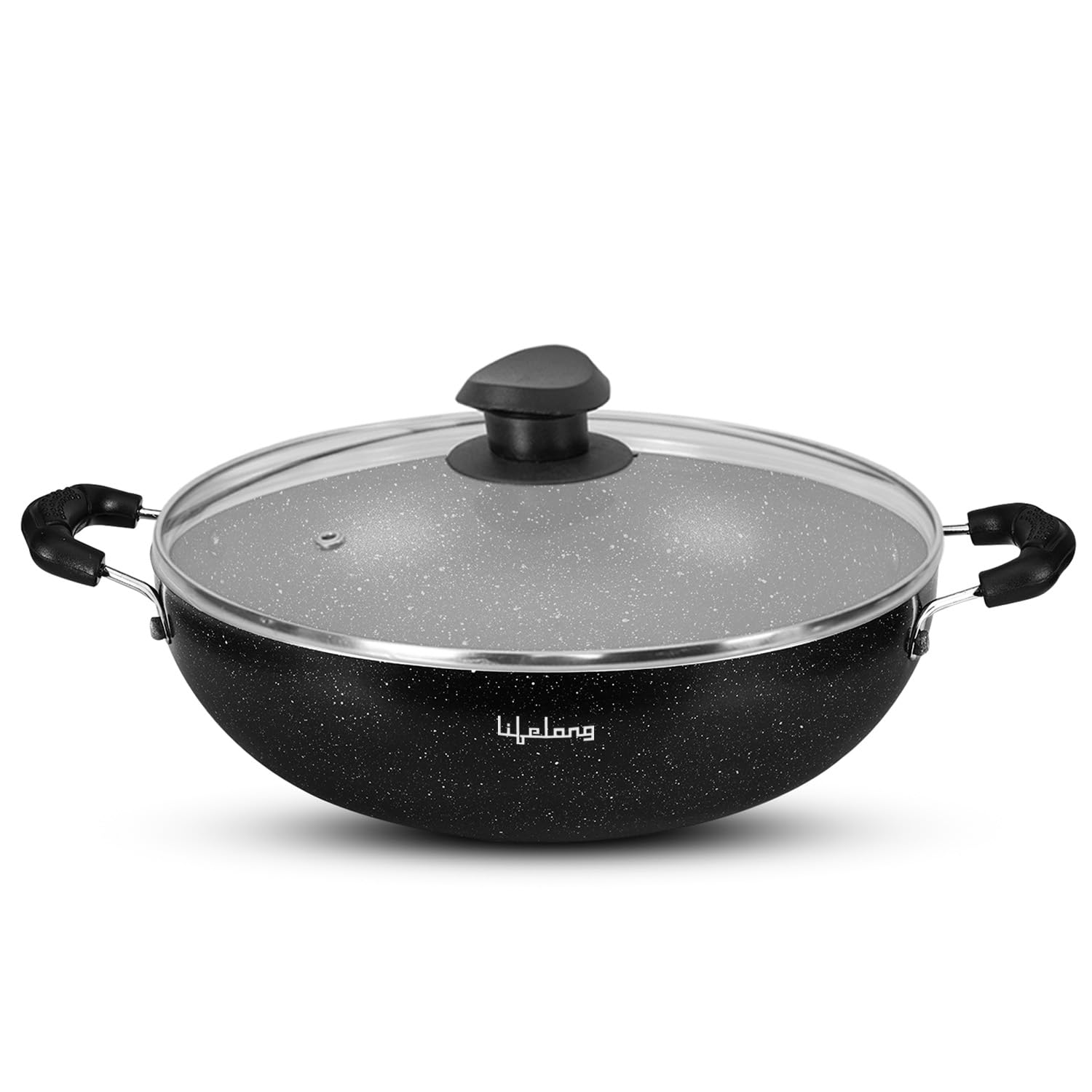Lifelong Non-Stick Aluminium 2 litre Kadhai with Glass Lid, 24cm, Black/Grey (Induction and Gas Compatible)-image-4