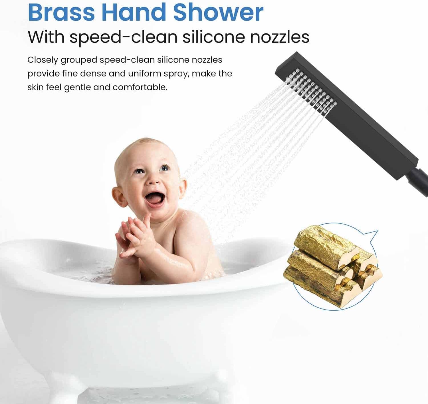 Hand shower with speed-clean silicone nozzles being used for a baby