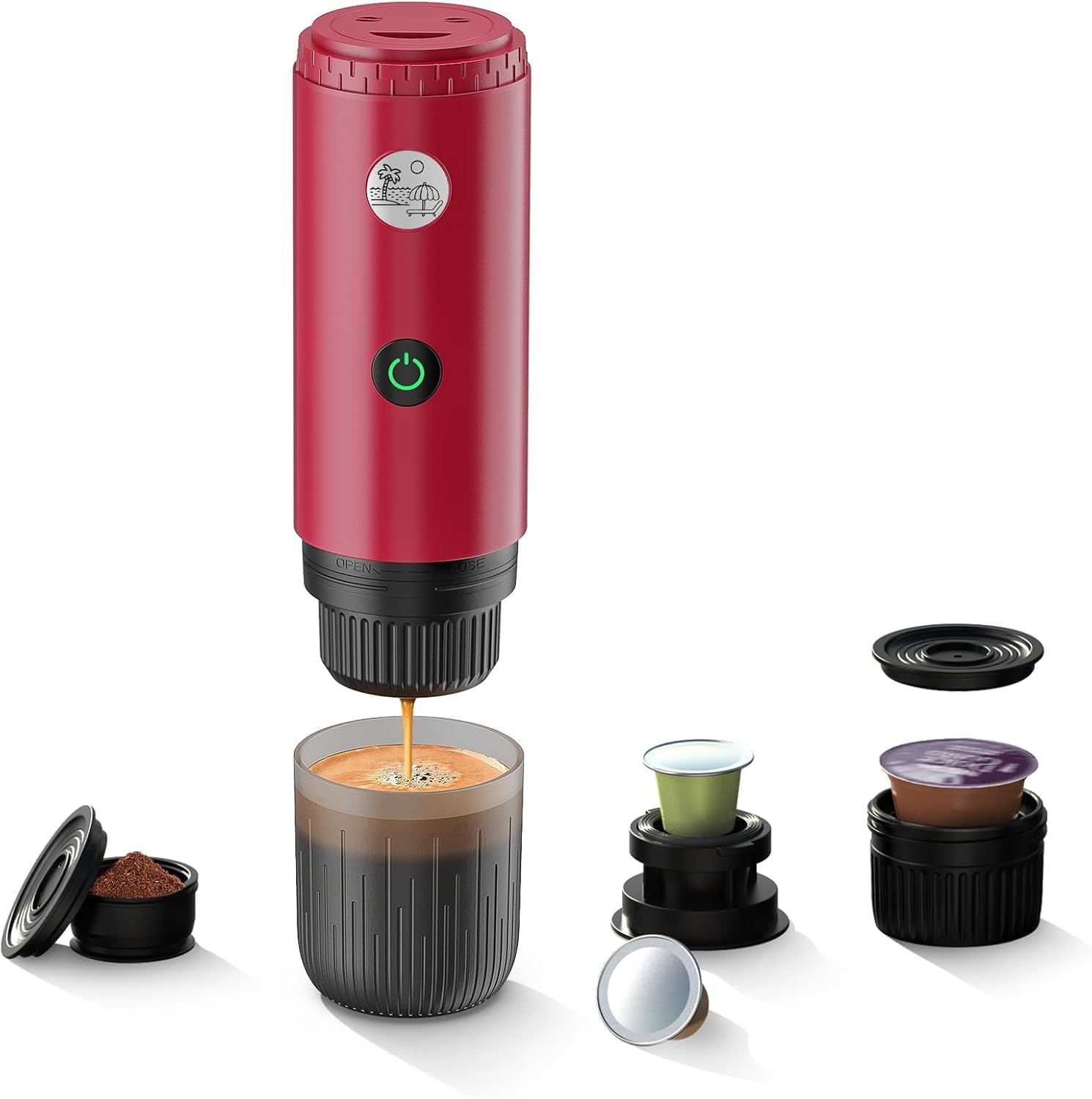Cafetera portátil 3 en 1, máquina de espresso de 19 bares con calentamiento automático, compatible con cápsulas NS y DG, así como café molido para camping, senderismo, viajes y hogar (Rojo)