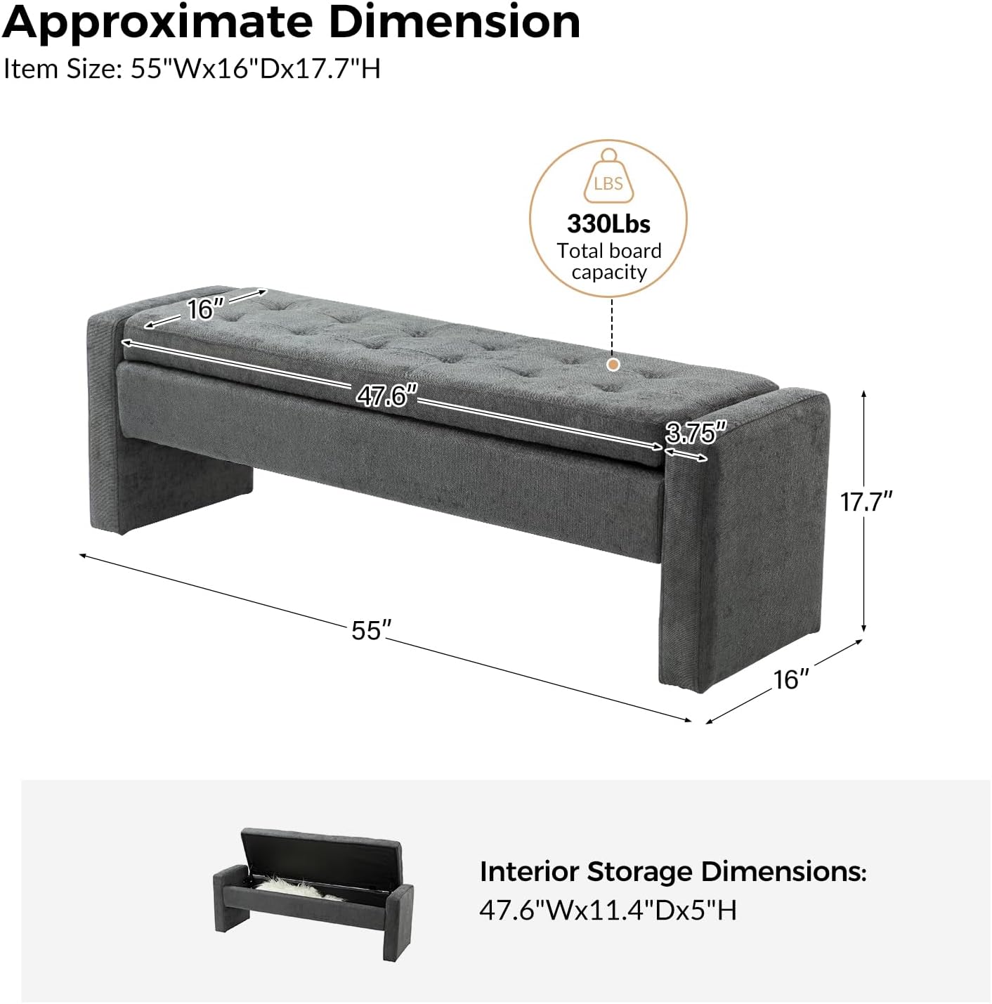 HULALA HOME 55" Storage Ottoman Bench with Tufted Design, Accent Bedroom Bench for End of Bed, Upholstered Footstool Long Seat for Dining Room Living Room Entryway, Charcoal
