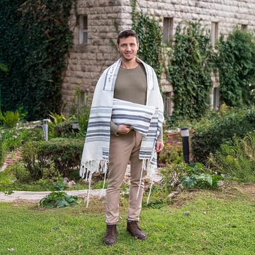 EMANUEL Yair Emauel Grey Tallit Prayer Shawl Set with Kippah and Bag Atara with Blessing TAT-52-1GR3