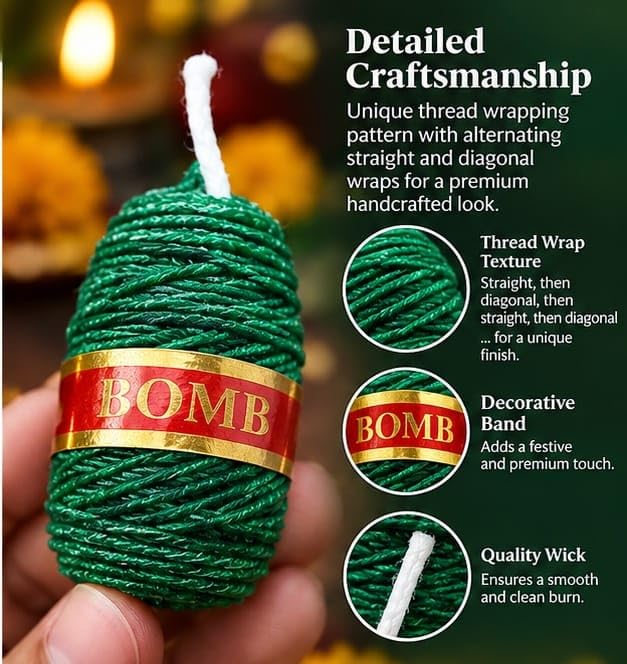 Image of Sutli Bomb Shaped Decorative Candles for Diwali Decoration (Pack of 6) | Festive Green Cracker Design Wax Candles | Home Decor, Pooja, Diwali Gift, Party & Festival Decoration