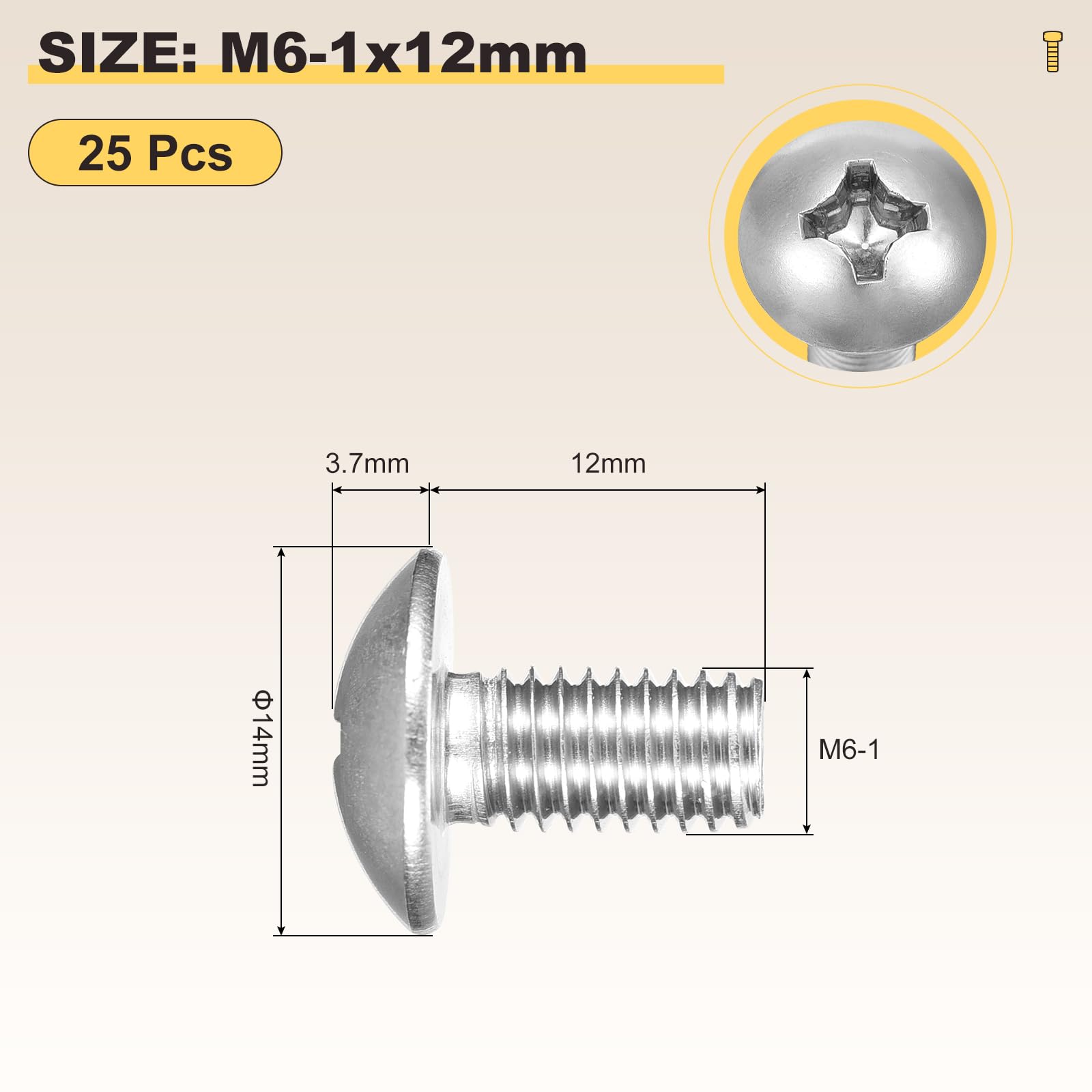 METALLIXITY Machine Screws Phillips Head(M6-1x12) 25Pcs, 304 Stainless Steel Round Head Phillips Drive Furniture Bolts - Image 2