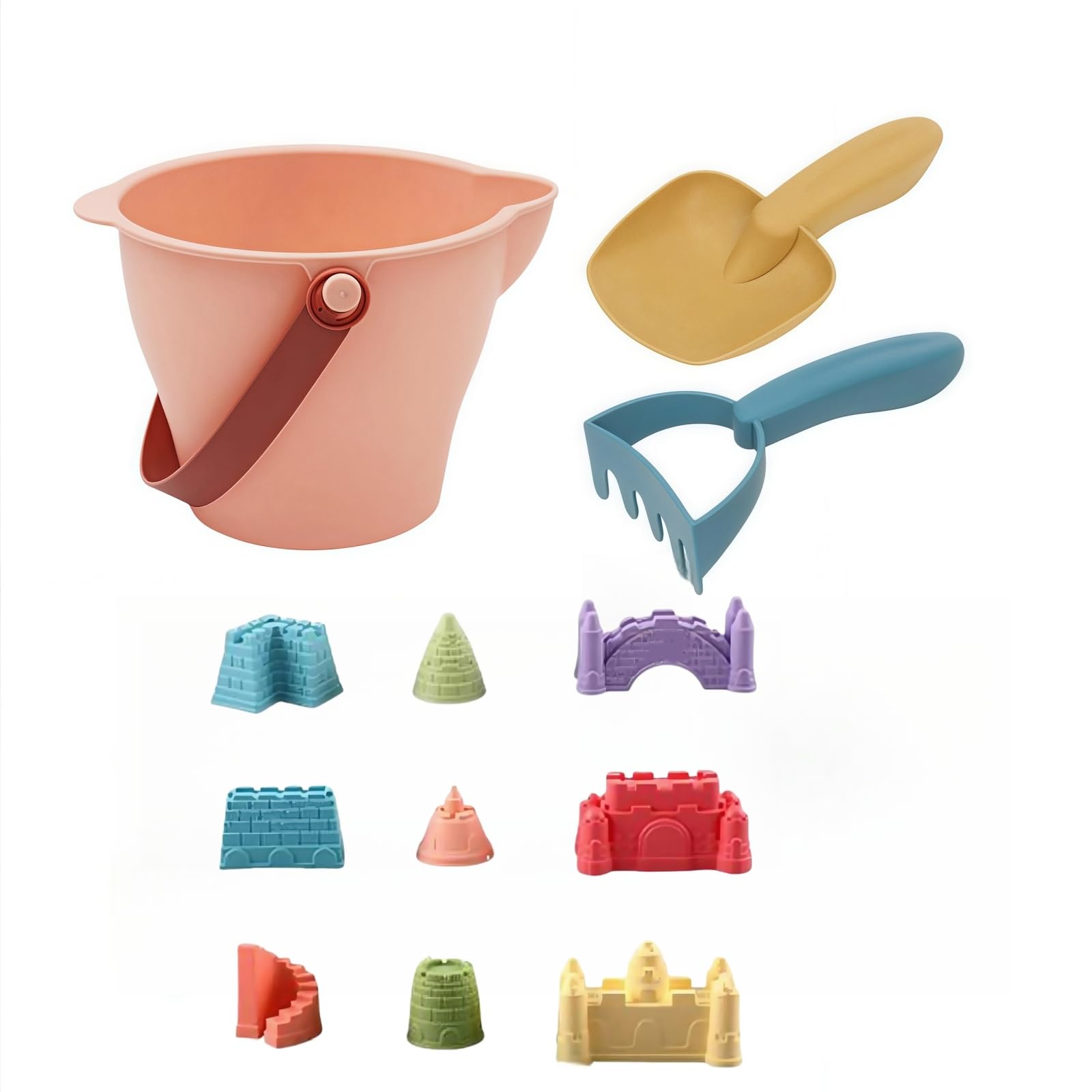 12PCS Sand & Beach Set,with 1 Sand Bucket,1 Shovel,1 Rake and 9pcs and Castle Molds,Travel-Friendly Toys for Kids (Pink)