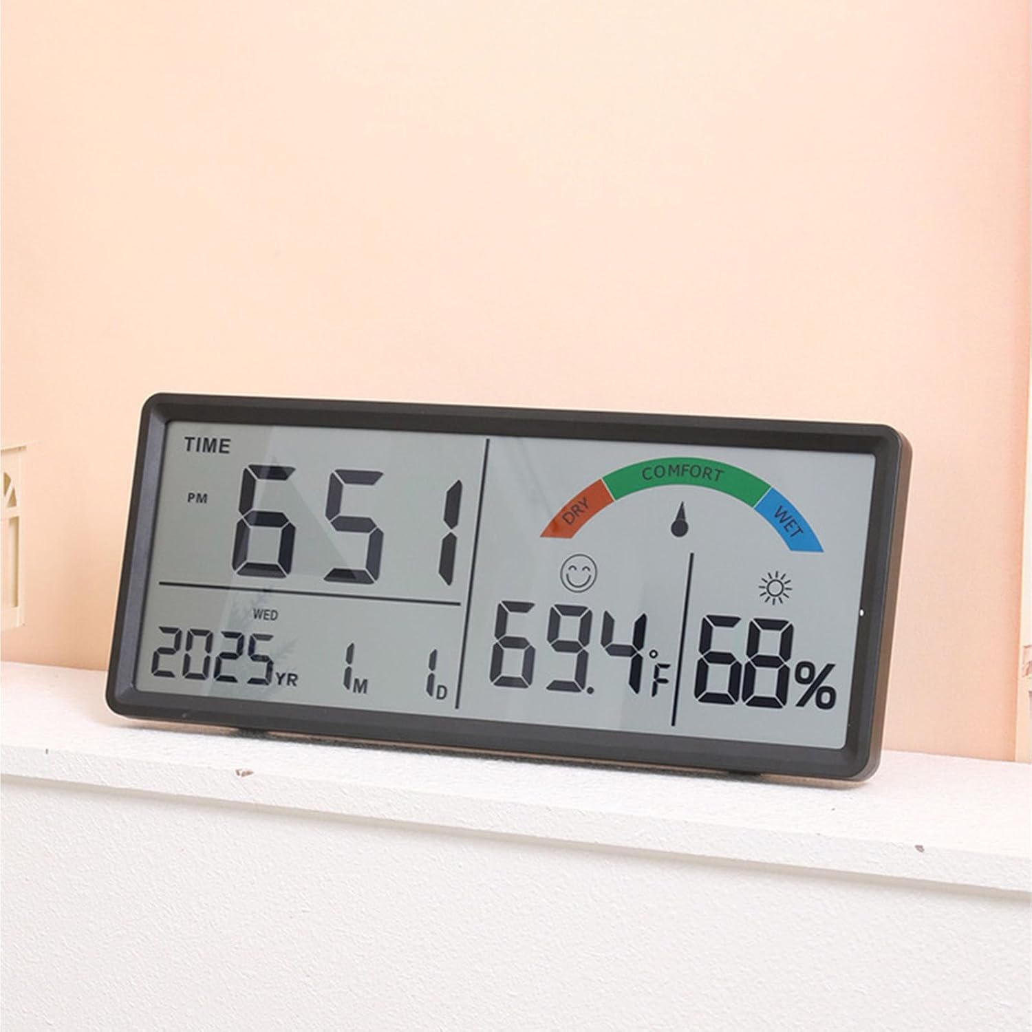 Large LCD Screen Digital Wall Clock with Indoor Temperature and Humidity Display 2 Alarms Snooze Function and Bracket Clock with Indoor Climate Monitor