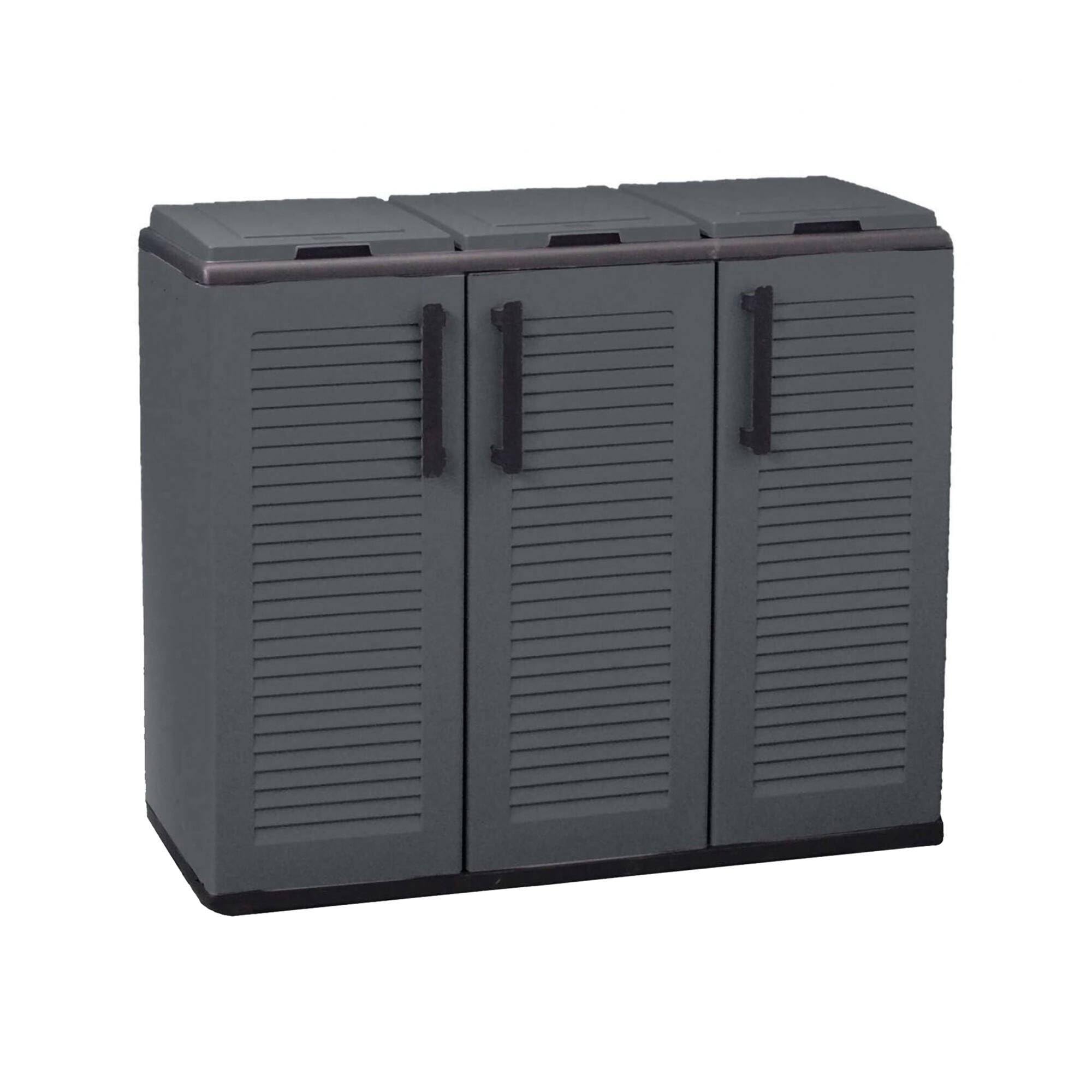 Dmora Pattumiera Aalst, Cestino portarifiuti, Bidone per Raccolta differenziata a 3 Ante, 100% Made in Italy, 102x37h84 cm, Grigio e Nero, Finitura Righe