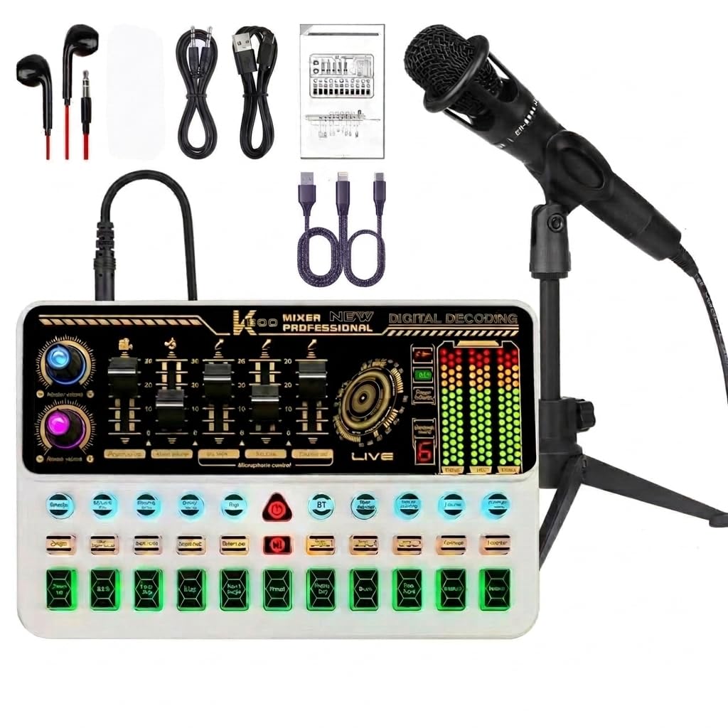 Paquete de equipos de podcast, interfaz de audio básica con micrófono y soporte, denosificación, acoplamiento, quitar voces, bucle, paquete de equipo de podcast fácil de usar para KTV