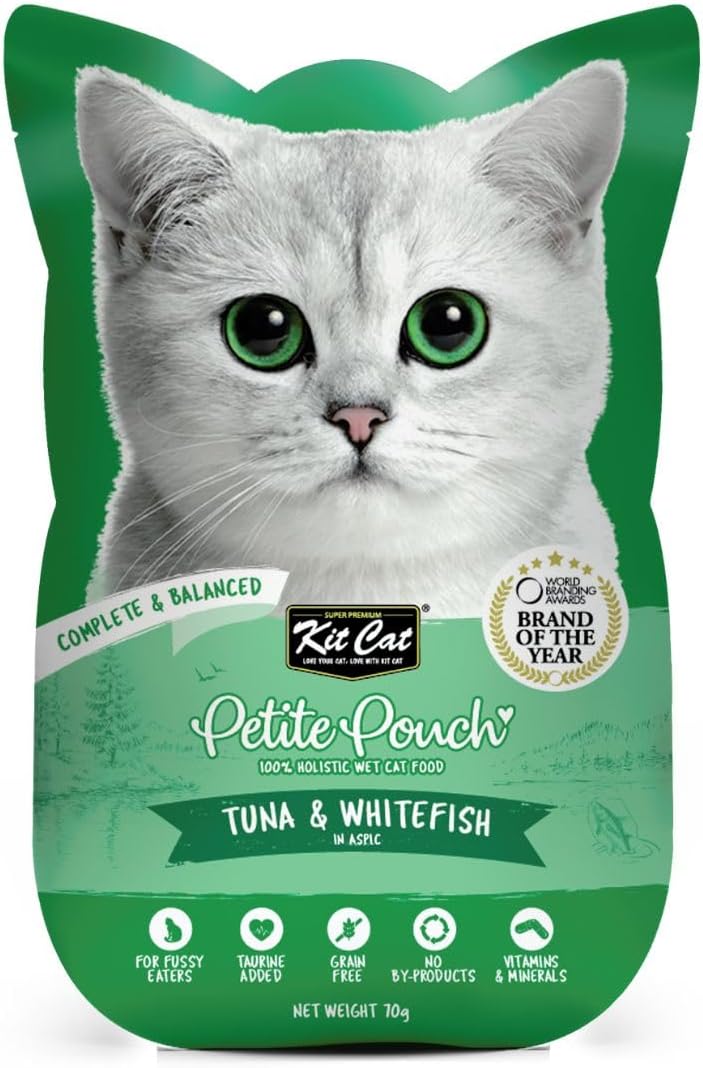 Kit Cat Petite Pouch Complete & Balanced Wet Cat Food - Tuna & Whitefish in Aspic 70 G (Pack of 6),Adult