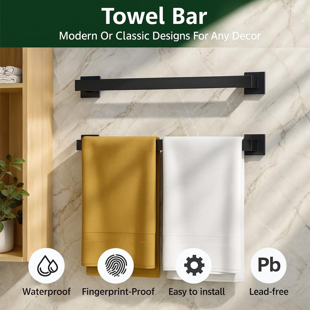 Matte Black 5-Piece Bathroom Hardware Set， INDARE Towel Rack for Bathroom Wall Stainless Steel， Black Bathroom Accessories Set 23.8-Inch