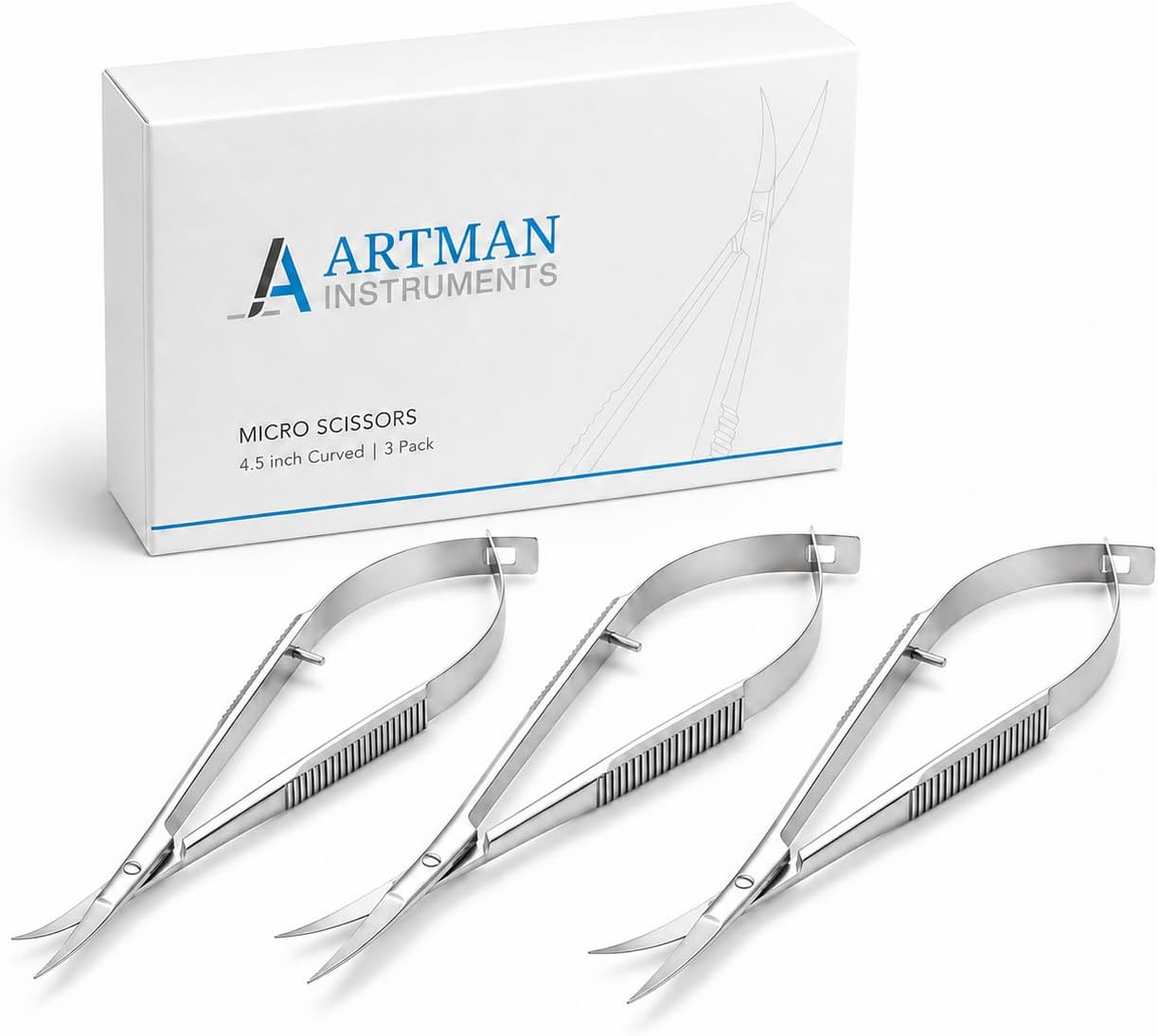 3-Pack Micro Scissors 4.5" Curved โ Castroviejo Stitch Cutting, Embroidery, Spring Action, Extra Sharp Squeeze Scissors for ENT, Eye, Skin, Dental, and Veterinary Surgeons