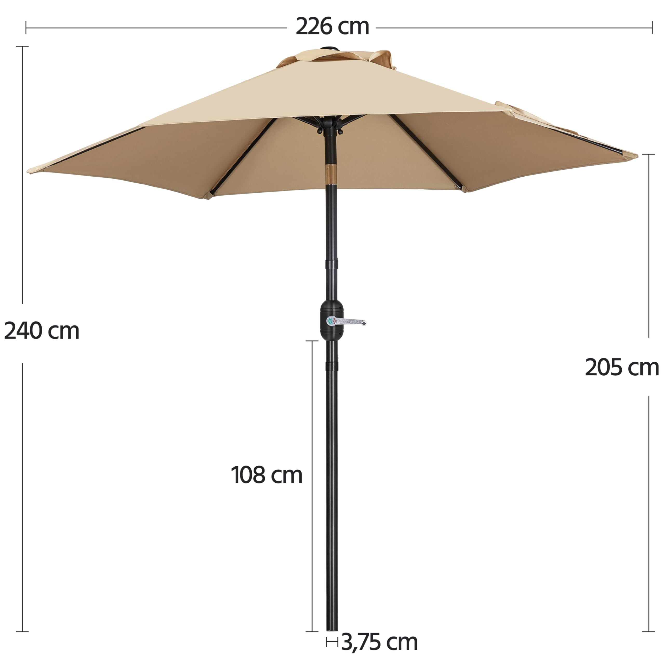 Yaheetech Parasol de Jardin 230 cm, Pliable, avec Toile Inclinable, Protection UV, Manivelle, 6 Baleines, pour Plage Terrasse Patio Piscine Kaki