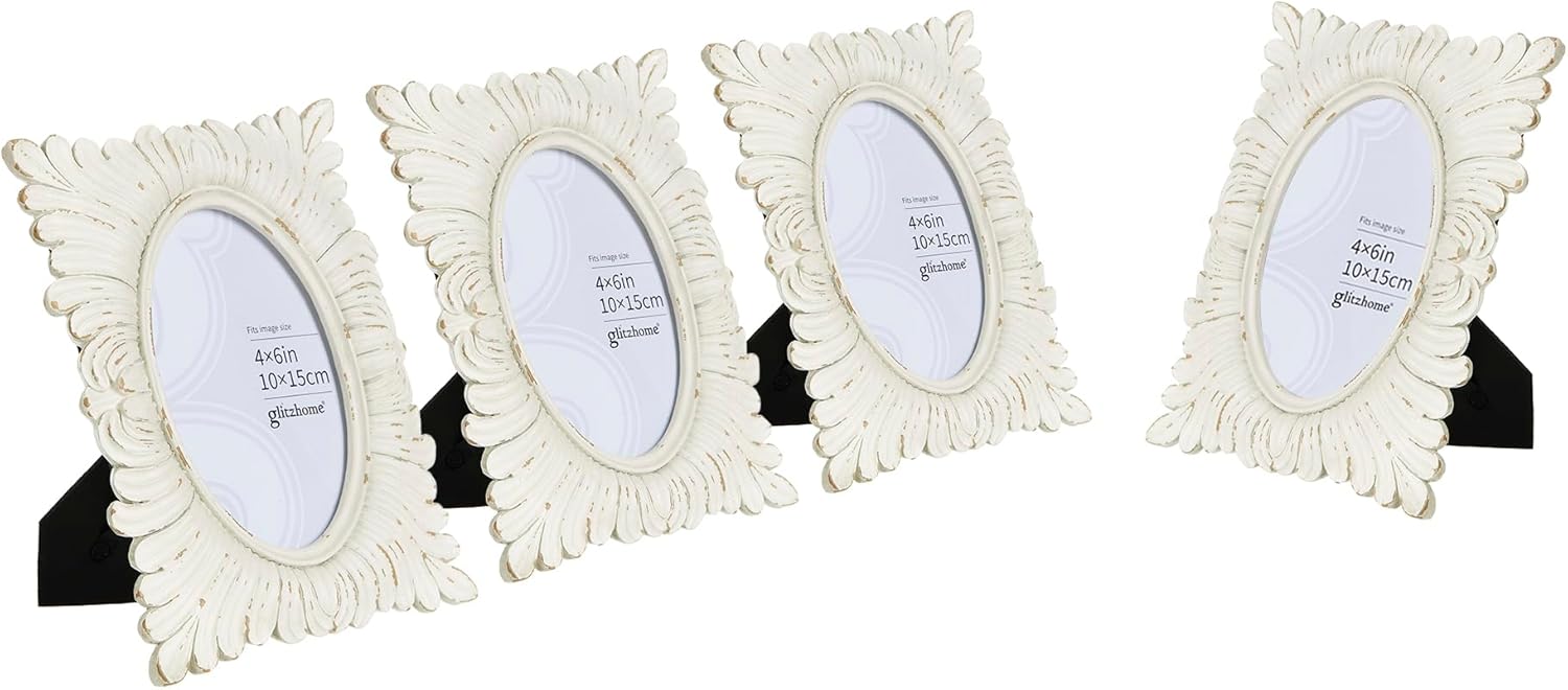 Glitzhome Picture Frame Set of 4, 4x6 Black Honeycomb Resin Tabletop Picture Frame, HD Glass Front, Wall Hanging Display Home Office Decor