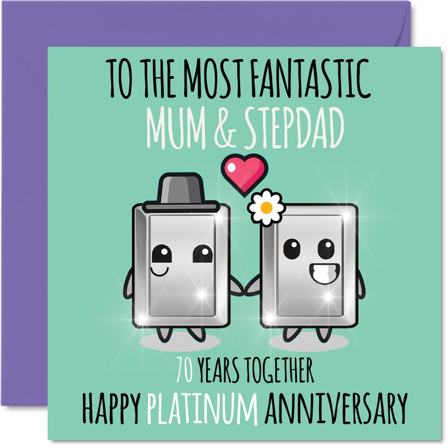 Cute Platinum Anniversary Card for Mum & Step Dad - 70 Years Together - Happy 70th Wedding Anniversary Cards for Step Dad Mum, 145mm Greeting Cards Anniversaries
