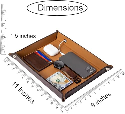 Miniatura 2 de Bandeja grande de cuero genuino Bandeja de cartera de joyería, plato para llaves, mesa de entrada, organizador para hombres, bandeja de noche,