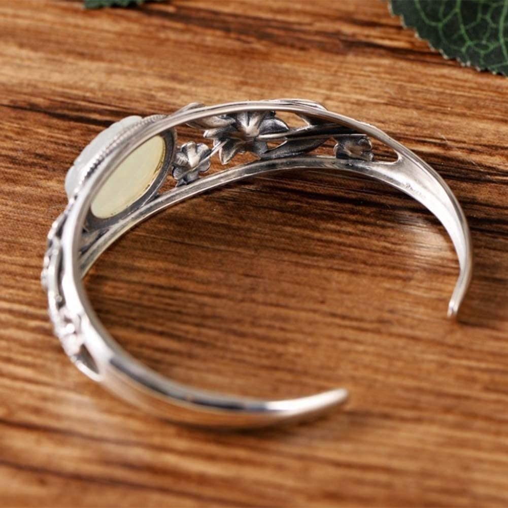Bracciale Personalizzato ， Bracciale Rigido Aperto da Donna in Giada Bianca con intarsio Etnico Vintage in Argento Sterling 925