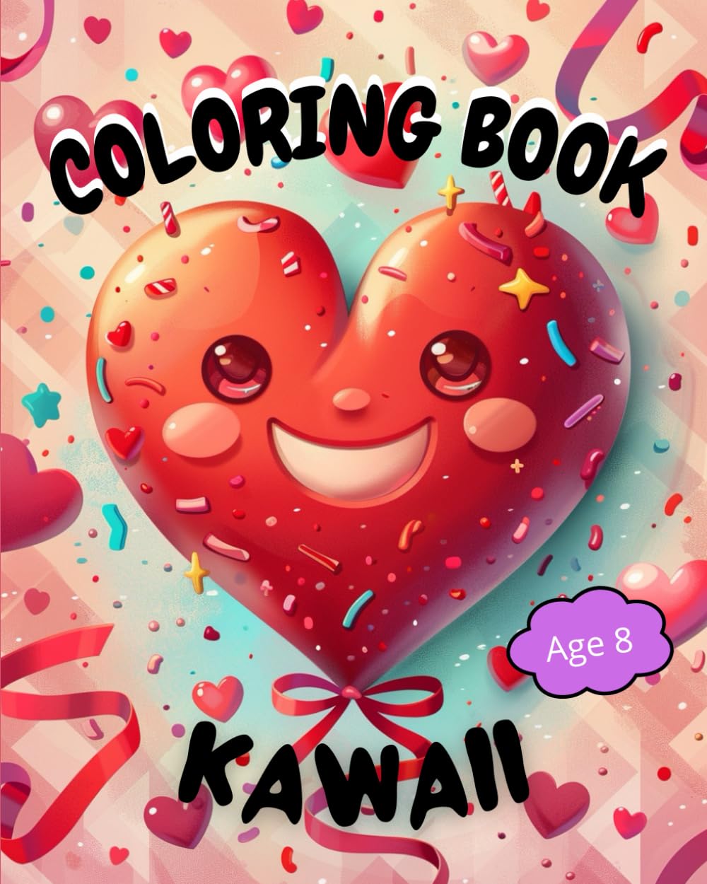 COLORING BOOK KAWAII - age 8: 65 fun illustrations of hearts and smiles to colour for children
