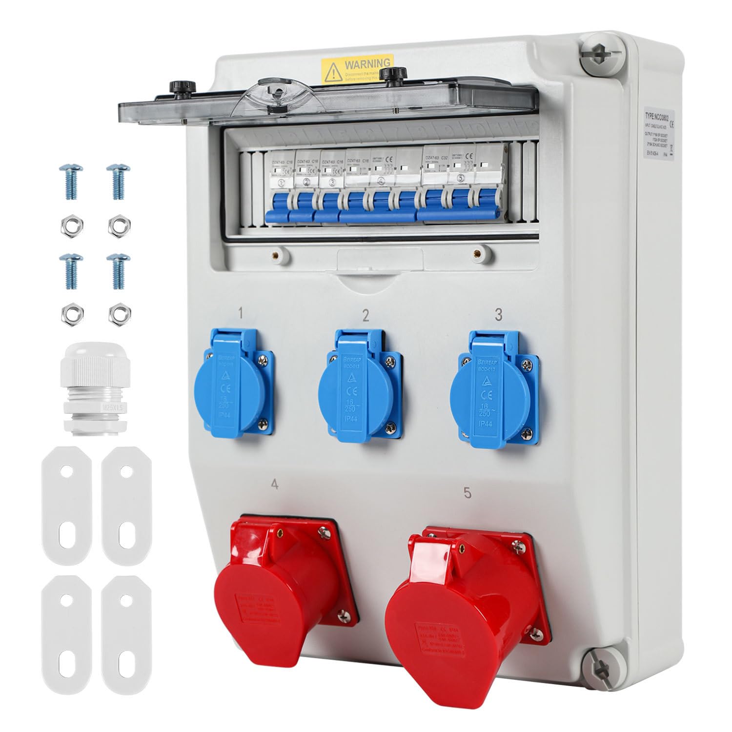 Rozdzielacz prądu budowlanego, 1 x CEE 32 A 400 V + 1 x CEE 16 A 400 V + 3 x 230 V Schuko, 5-biegunowy rozdzielacz ścienny z przełącznikami LS, rozdzielacz prądu IP44 z klapkami zabezpieczającymi