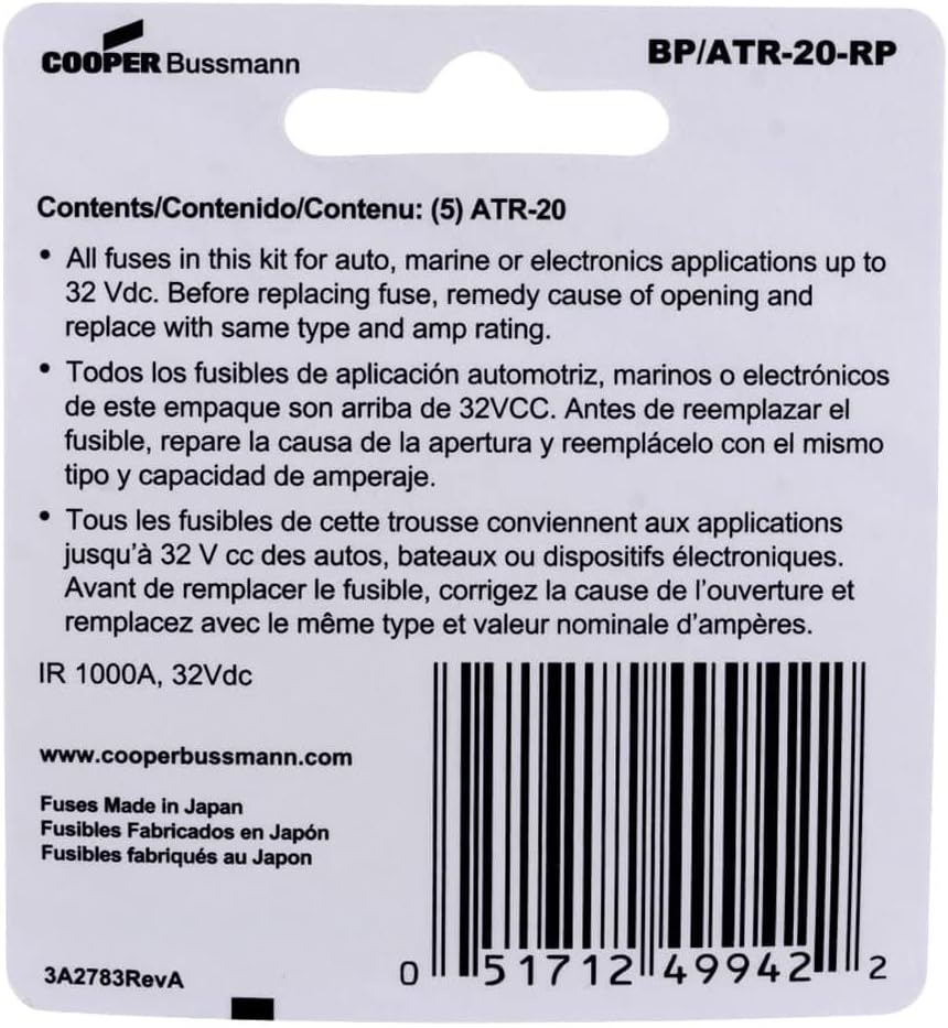 Bussmann BP/ATR-20-RP ATR Micro II Automotive Blade Fuse (2 Leg 20 Amp (Card)), 5 Pack