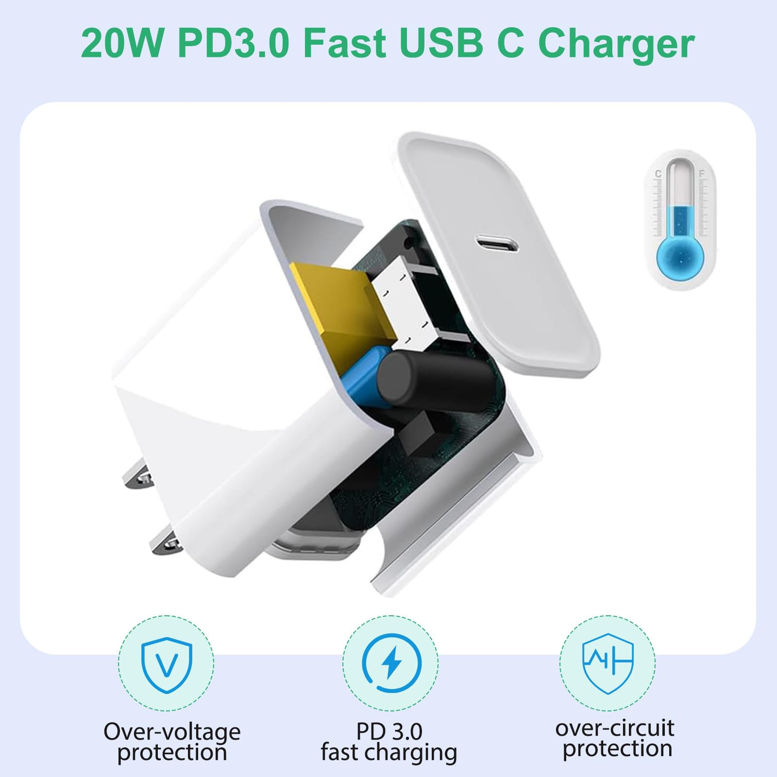 Cargador de carga rápida para iPhone 16 15, paquete de 3 cargadores USB C de carga rápida de 20 W con cable tipo C a C de 10 pies de largo, ladrillo de bloque tipo C para iPhone 16e/16/16 Pro/16 Plus