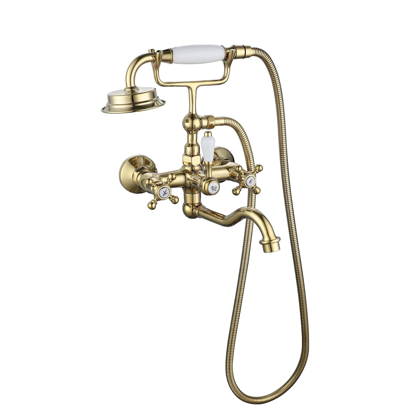 WXPGFEQ Tub Faucet Wall Mount Tub Filler with Lengthened Spout Vintage Bathtub Faucets Brass with Telephone Shaped Handheld Shower, Hot and Cold Water Mixer Tap Shower,Gold