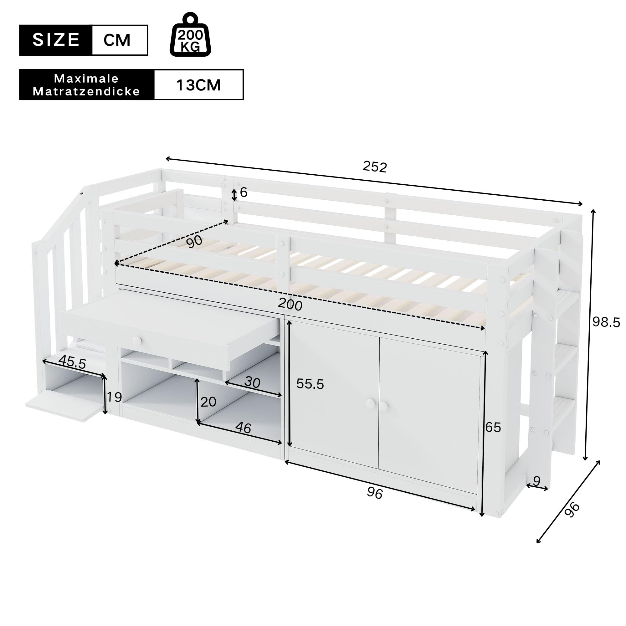 LAKFEW Etagenbett Kinderbett 90x200 cm, Einzelbett Holzbett mit Treppe, Schubladen und Stauraum, Hochbett Stauraumbett mit Schreibtisch und Rausfallschutz, Bett mit Lattenrost, ohne Matratze, Weiß