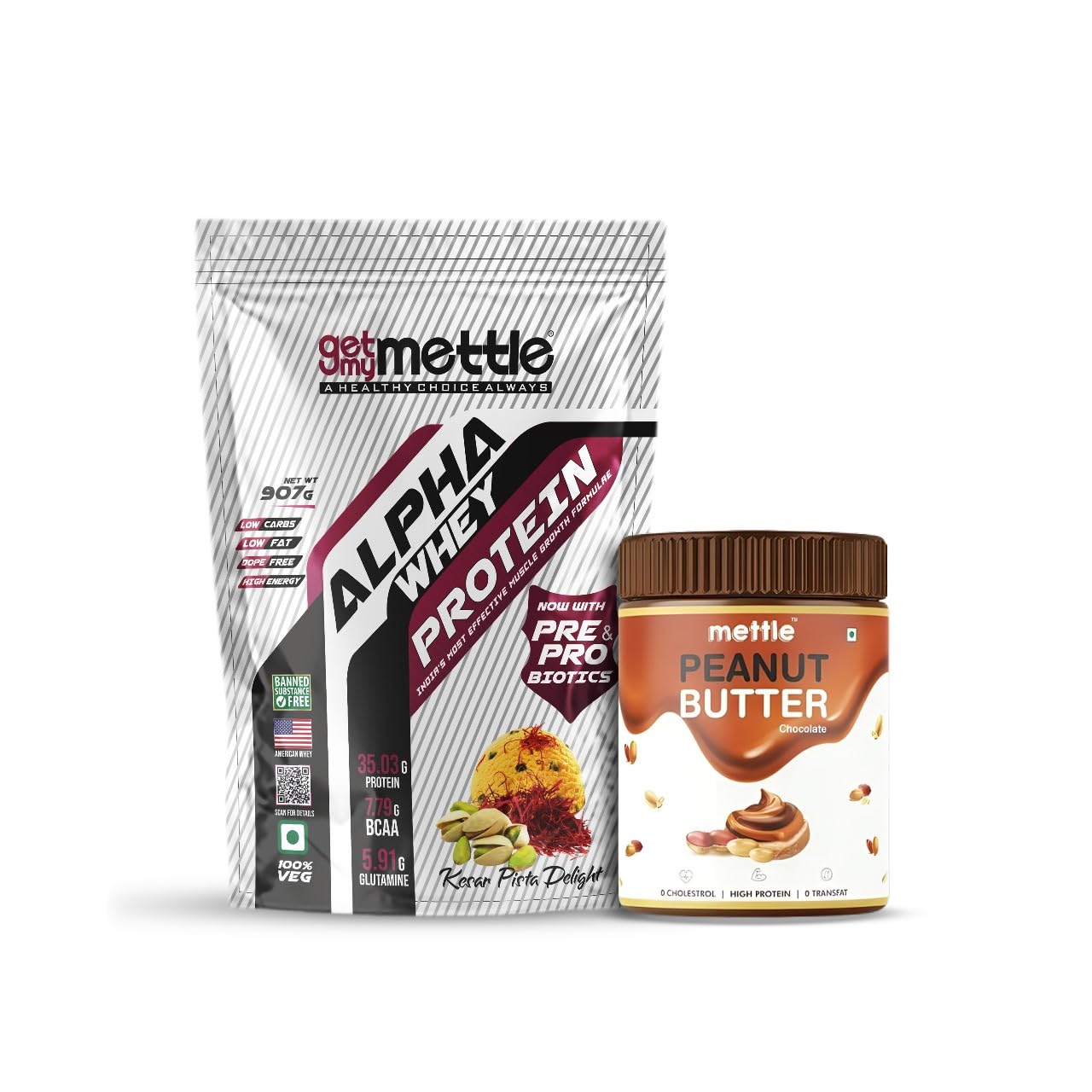 Getmymettle Alpha Whey Protein 907g Kesar Pista with Dark Chocolate, Peanut Butter 400g - For Muscle Building, Weight Gain, Enhanced Recovery, Delicious Taste