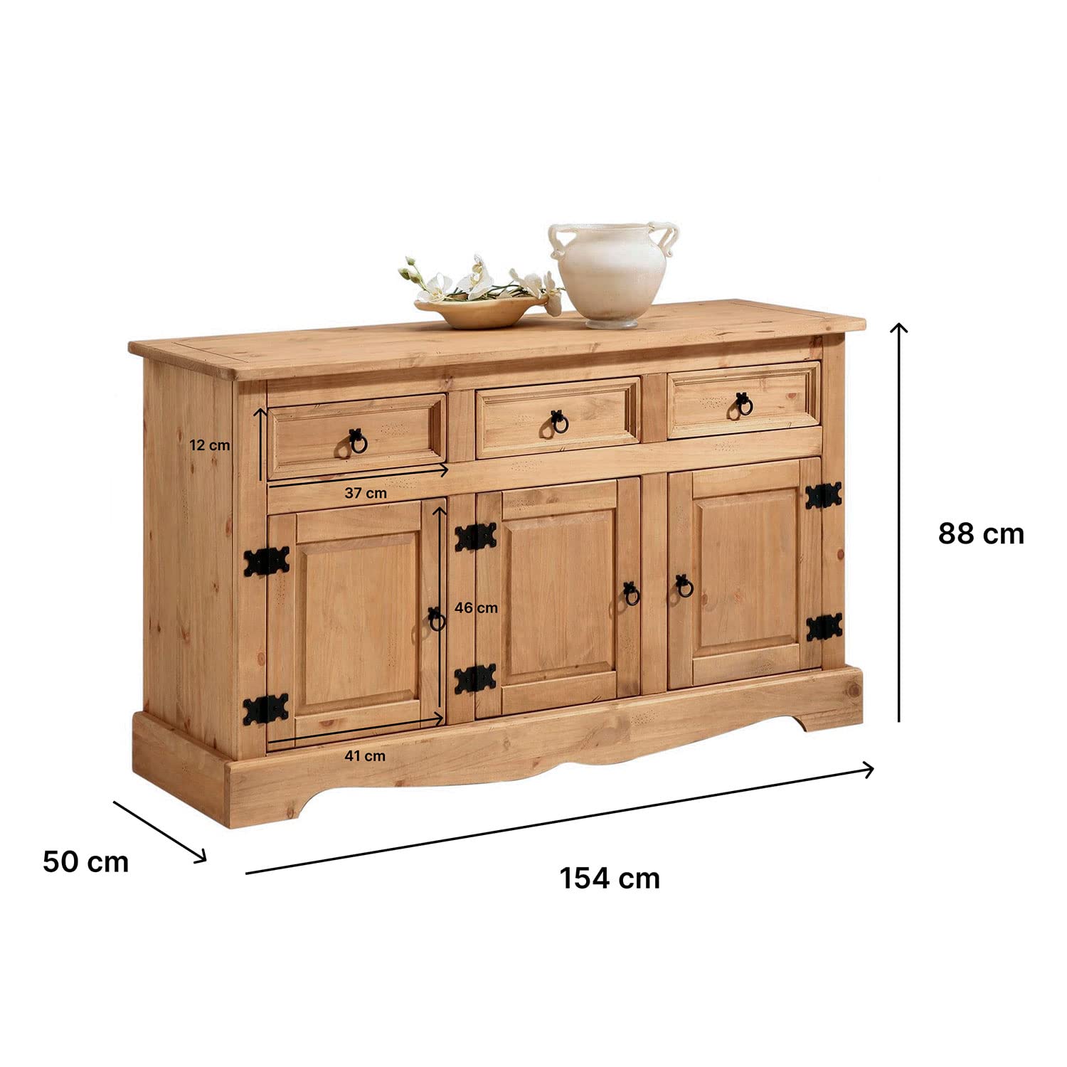 IDIMEX Buffet Salle à Manger Tequila en Bois L 154 cm avec 3 Portes battantes et 3 tiroirs spacieux, Style Mexicain, Meuble de Rangement, Structure Robuste et Finition élégante, Coloris teinté ciré