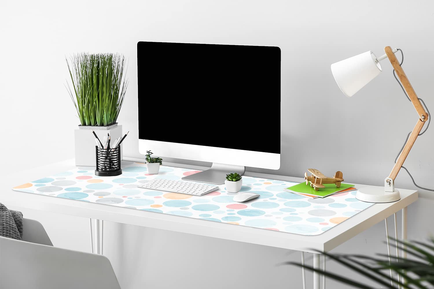 Sous-main de Bureau 45x90 cm Imperméable Facile à Nettoyer Bords Arrondis pour L’espace de Travail Vinyle PVC Protection des Surfaces Idéal à la Maison Antidérapante - Points pastel
