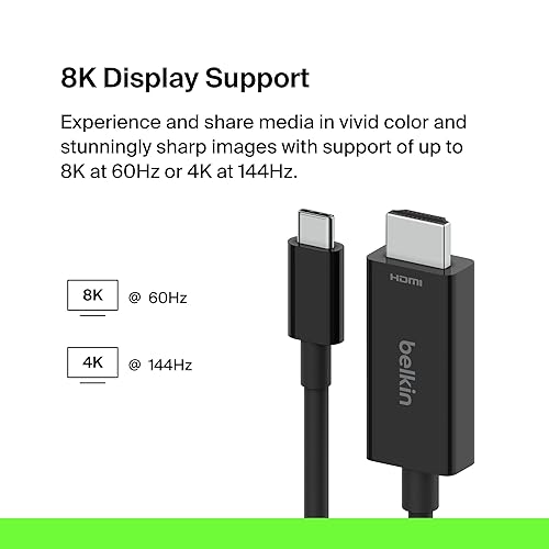 Miniatura 2 de Belkin Cable USB tipo C a HDMI 2.1, cable de 6.6 pies6.6 ft con 8K 60Hz, 4K 144Hz, HDR, HBR3, DSC, HDCP 2.2, funciona con certificado Chromebook,