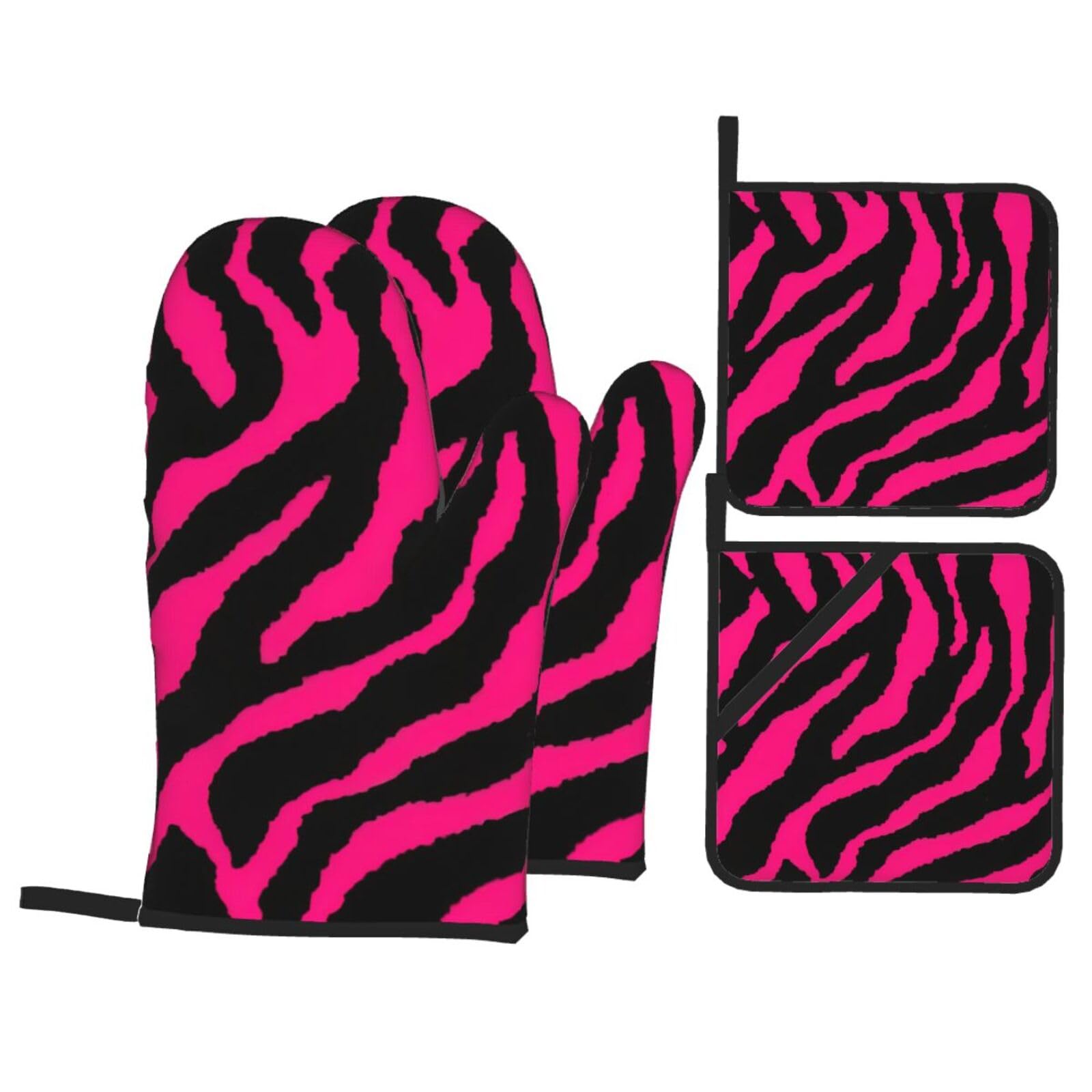 Zebra Tiger Leopard pink Print 4-Piece Oven Microwaving Set Waterproof Kitchen Gloves for Baking Grilling Cooking
