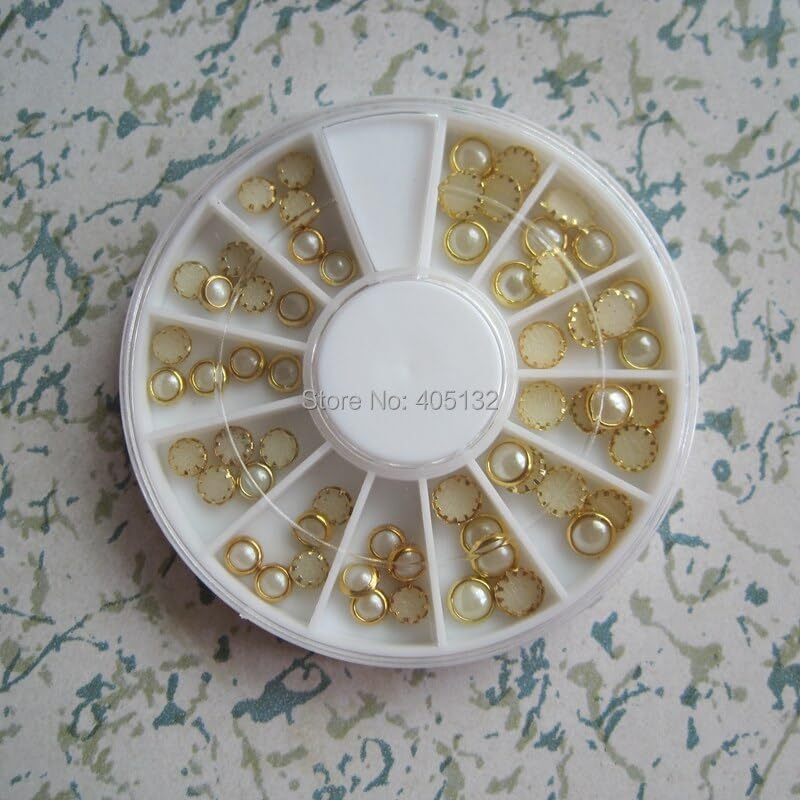 12wheels/lot OD-132 3D Gold Outside 4+5mm White Pearl Decoration in Wheel Shiny Nail Decoration