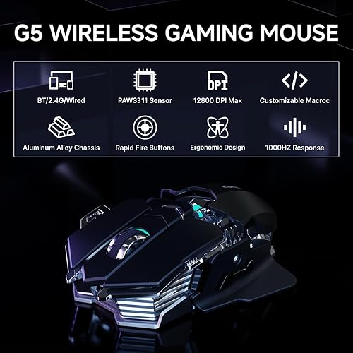 Miniatura 2 de EWEADN G5 - Mouse inalámbrico para juegos, 12800 DPI RGB ajustable con 6 modos retroiluminados, llave de fuego rápido, 9 botones macro programables,