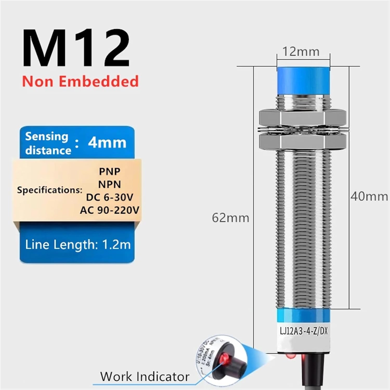 M12 Metal Induction Proximity Switch 3 Wires 24V Normally Open LJ12A3-4-Z/BX Inductive NPN Sensor Common Types Economical (Color : Non Embedded, Size : 3 Wires NPN_Normally Open)